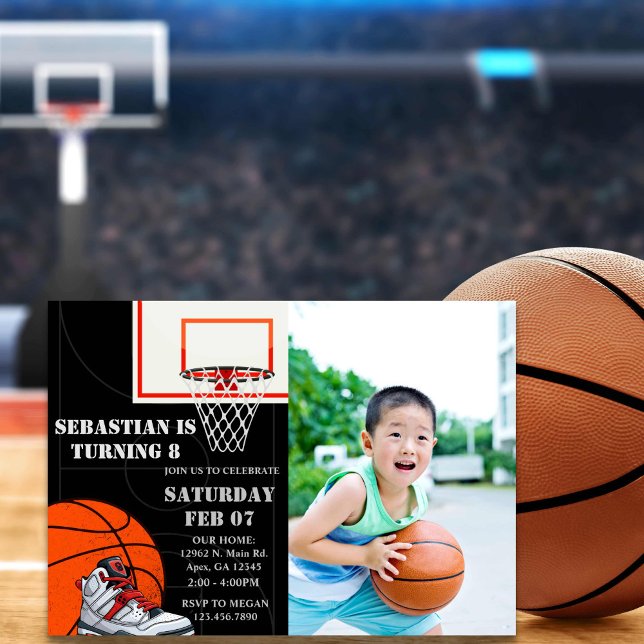 Svart Orange Basketball-foto-födelsedagsinbjudning Inbjudningar (basketball photo birthday invitation for kids)