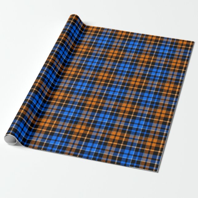 Svart Orange Blå Rutig Tartan Design  Presentpapper (Utrullad)