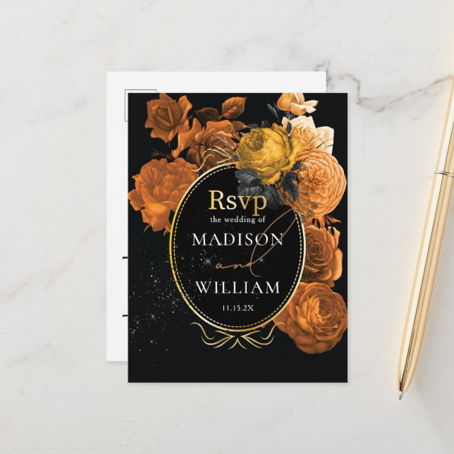 Svart Orange Blommig Bröllopsmåltid Val RSVP Vykort (Fram/Back In Situ)