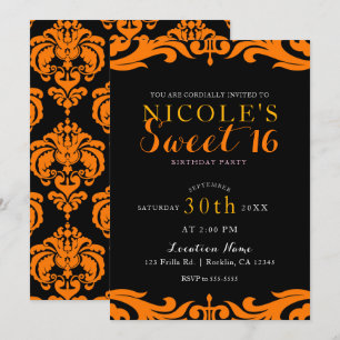 Svart & Orange Damask Chic Elegant Sweet 16-fest Inbjudningar