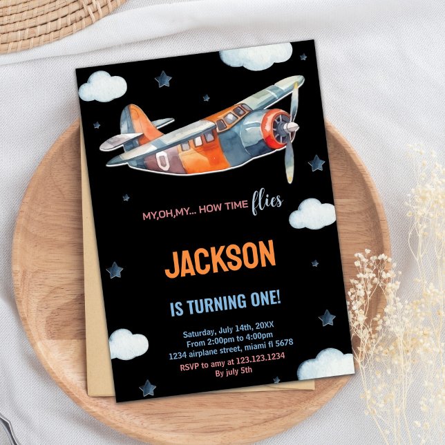 Svart Orange Flygplanets födelsedagsinbjudningar Inbjudningar (Black Orange Airplane Birthday Invitations)