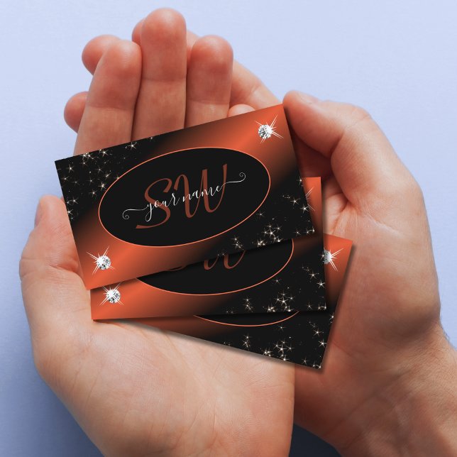 Svart Orange Glitter Stars Jewels Initialer Visitkort (Skapare uppladdad)
