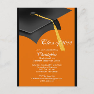 Svart Orange Grad Cap-Studentfest-inbjudan Inbjudan Vykort