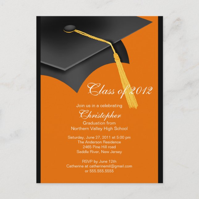 Svart Orange Grad Cap-Studentfest-inbjudan Inbjudan Vykort (Framsida)