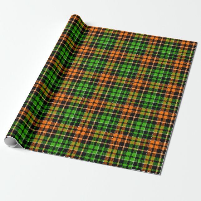 Svart Orange Grön Plaid Rutig Design  Presentpapper (Utrullad)
