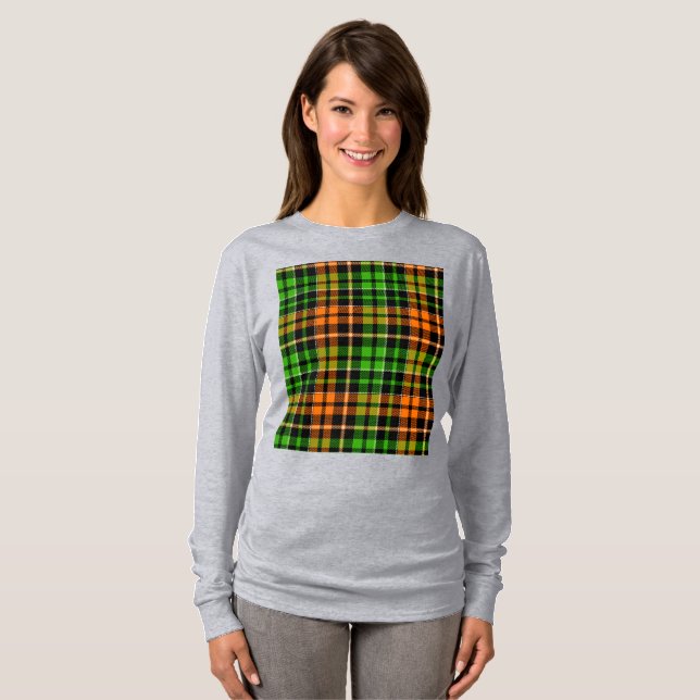Svart Orange Grön Plaid Rutig Design  T Shirt (Hel framsida)