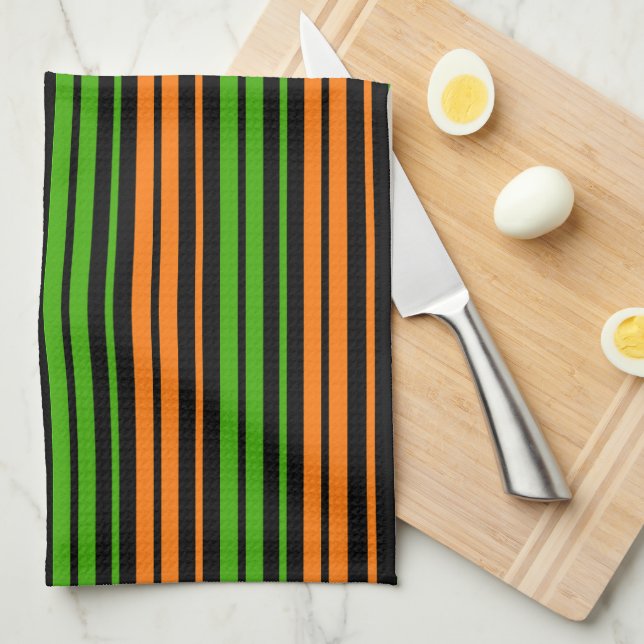 Svart Orange Grön Vertikal Randig Design   Kökshandduk (Vikt i Fjärdedel)