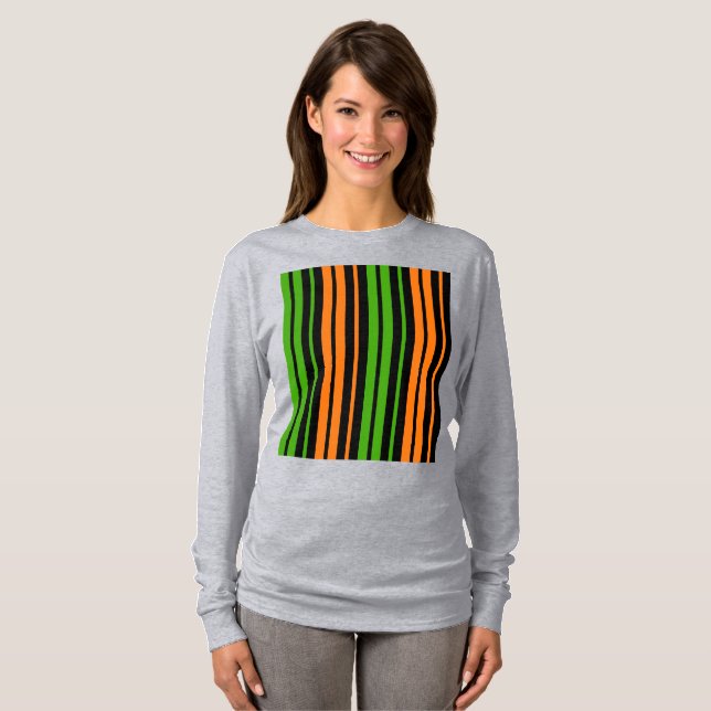 Svart Orange Grön Vertikal Randig Design   T Shirt (Hel framsida)