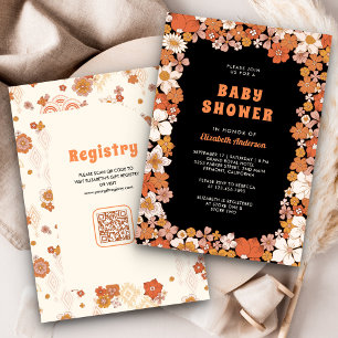 Svart Orange Groovy Retro Wildflower Baby Shower Inbjudningar