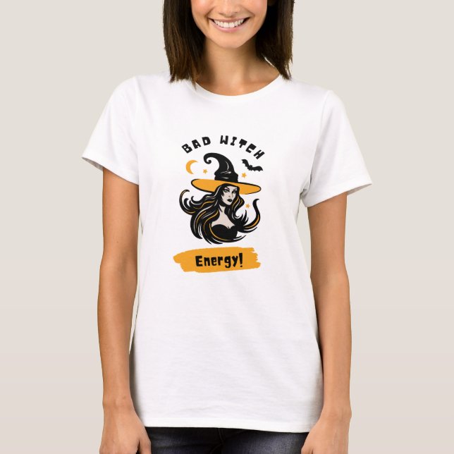 Svart Orange Illustrative Witch Halloween T-Shirt (Framsida)