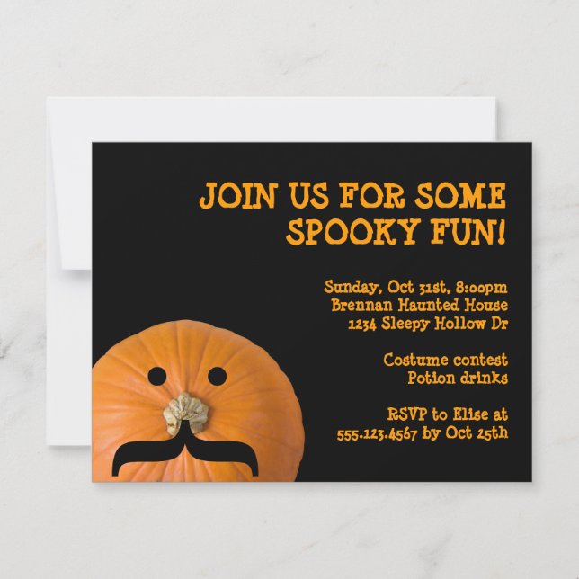 Svart orange mustasch pumkin host Halloween fest Inbjudningar (Framsida)