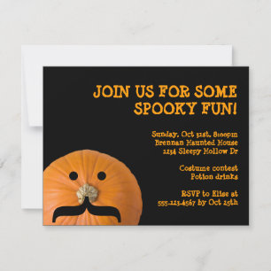 Svart orange mustasch pumkin host Halloween fest Inbjudningar