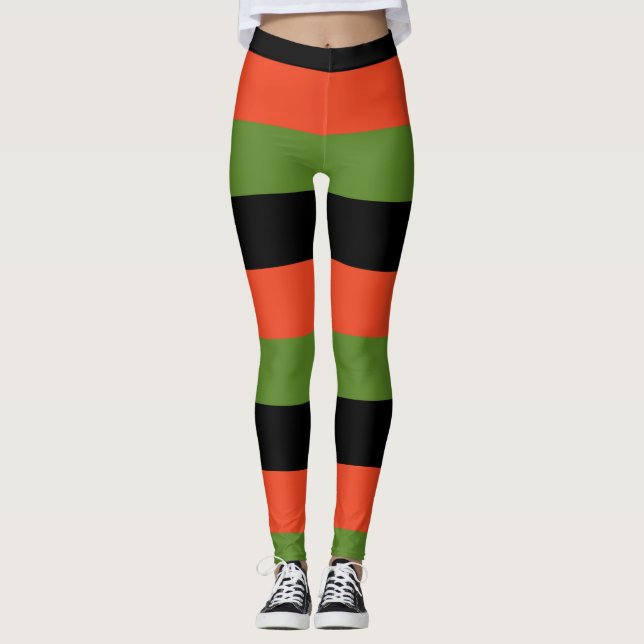 Svart orange och grönrandig Halloween Leggings (Framsida)
