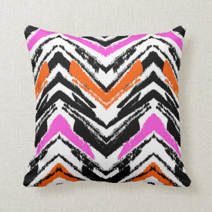 Svart, Orange och Rosa Hand plockade Chevron Möns Kudde