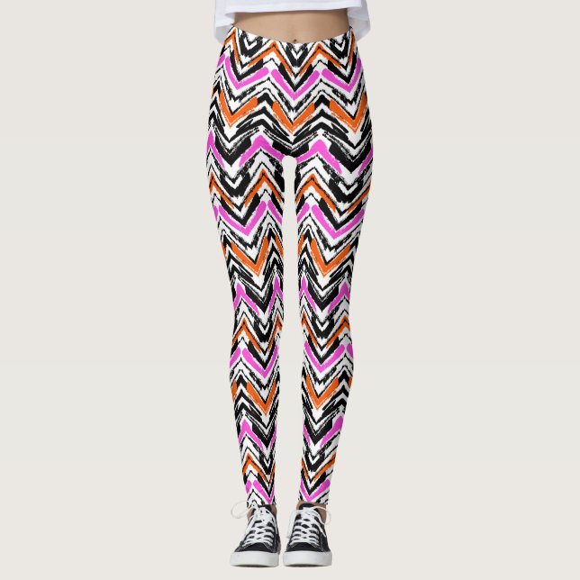 Svart, orange och rosa hand plockadesparremönster leggings (Framsida)