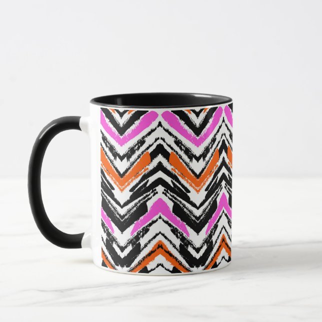 Svart, orange och rosa hand plockadesparremönster mugg (Vänster)