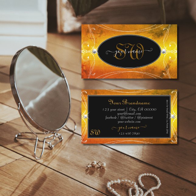 Svart Orange Ornate Sparkling Diamonds Initialer Visitkort (Skapare uppladdad)