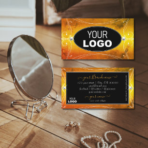 Svart Orange Ornate Sparkling Diamonds med Logotyp Visitkort