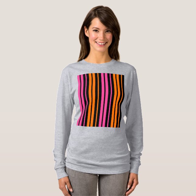 Svart Orange Rosa Vertikala Randiga Design   T Shirt (Hel framsida)