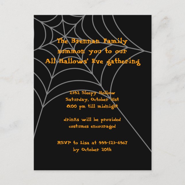 Svart orange-spindelnät Halloween-inbjudningskort Inbjudan Vykort (Framsida)