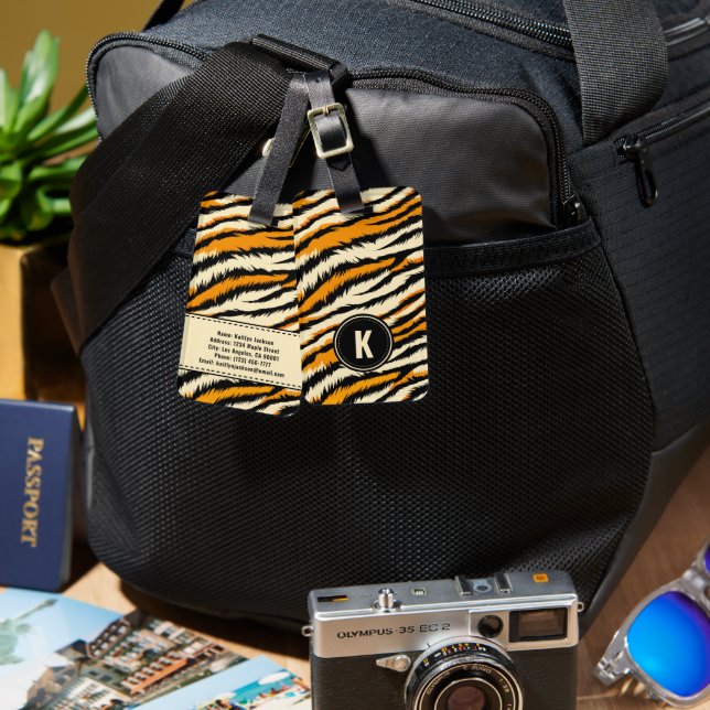 Svart Orange Tiger Randigt Mönster Monogram Bagagebricka (Fram & Baksida)