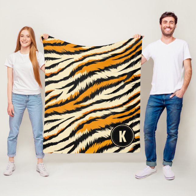 Svart Orange Tiger Randigt Mönster Monogram Fleecefilt (På plats)
