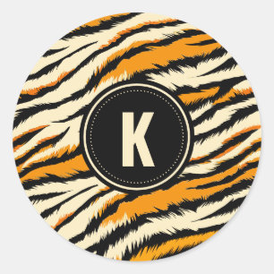 Svart Orange Tiger Randigt Mönster Monogram Runt Klistermärke