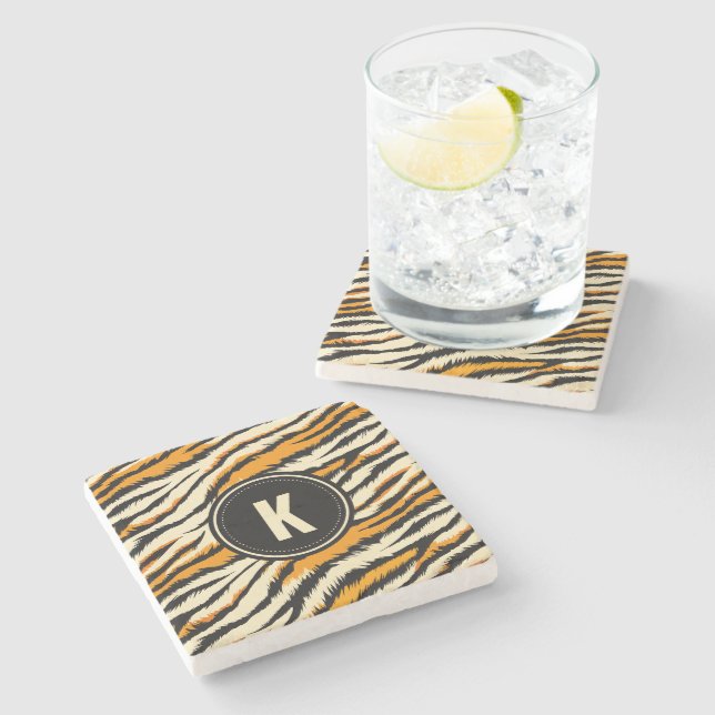 Svart Orange Tiger Randigt Mönster Monogram Stenunderlägg (Sidan)