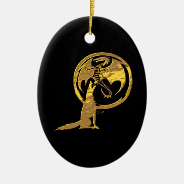 Svart ornament för varg och drake guld (Framsidan)