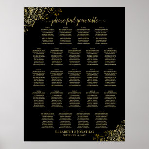 Svart över guld frills 23 Bord Bröllop-sätesdiagra Poster