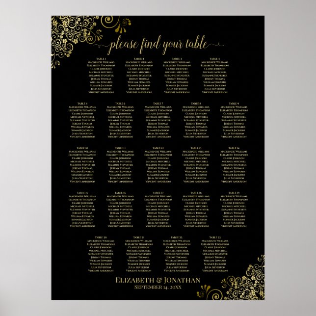 Svart över guld frills 23 Bord Bröllop-sätesdiagra Poster (Framsidan)