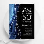 Svart överraskning för marinagat Silver 50:e födel Inbjudningar<br><div class="desc">Tungblått,  svart och silver agerade överraskande 50:e födelsedagsfest inbjudan. Elegantens moderna utformning med royal blue water agate marble geode-bakgrund,  faux glitter silver och typography-skript. Trendig inbjudan-kortets perfekt för en snyggt kvinnor i firande. Skrivna Zazzle-inbjudningar eller digital utskrivbar mall för omedelbar nedladdning.</div>