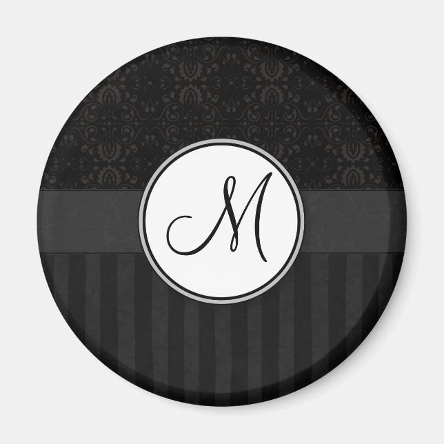 Svart på Black Damask och Rand med Monogram Magnet (Framsidan)