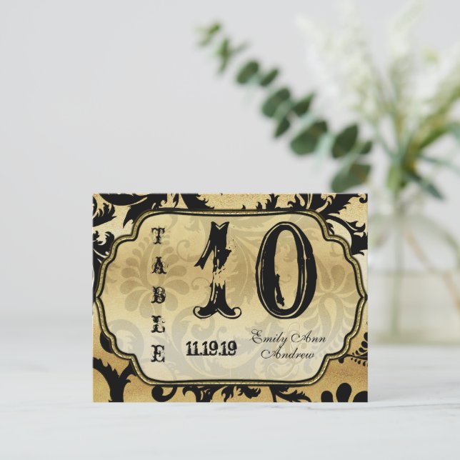 Svart på Guld Damask Virvlar Bordnummer Vykort (Stående Fram)