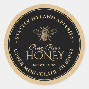 Svart på Kraft Honungsetikett (Vintage Bee) Runt Klistermärke