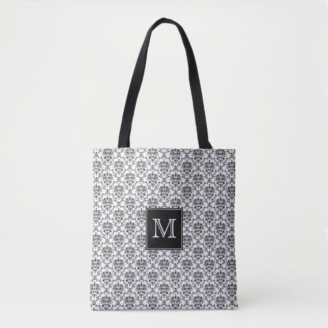 Svart på Monogrammed vitdamast Tygkasse (Framsida)