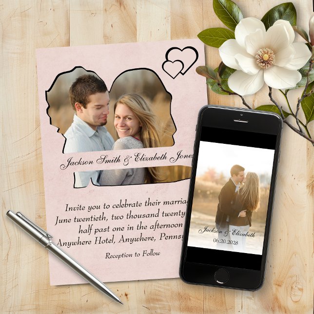 Svart på Ro Bride and Groom Shape Photo Bröllop Inbjudningar (Skapare uppladdad)