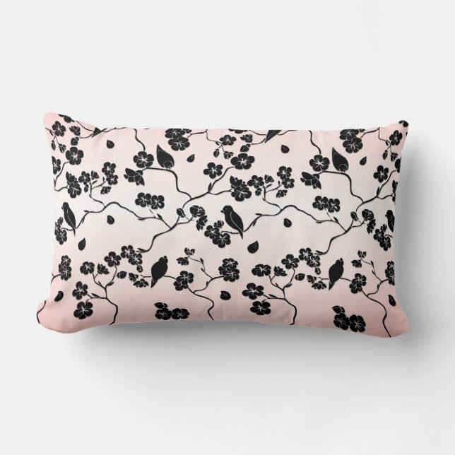 Svart på Rosa Mönster Birds- och Cherry-Blommar  Lumbarkudde (Framsida)