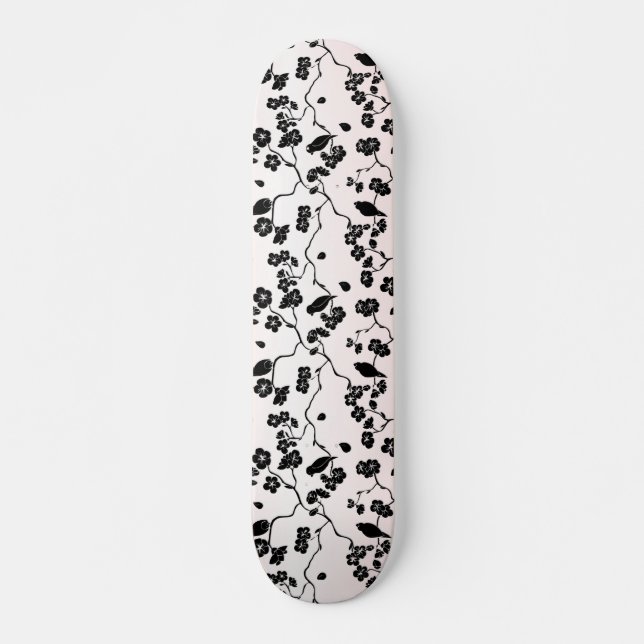 Svart på Rosa Mönster Birds- och Cherry-Blommar Mini Skateboard Bräda 18,5 Cm (Framsida)