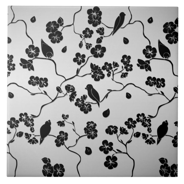 Svart på Silver Mönster fågel- och Cherry-Blommar Kakelplatta (Framsidan)