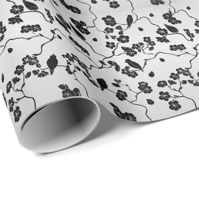 Svart på Silver Mönster fågel- och Cherry-Blommar Presentpapper (Rullad Hörn)