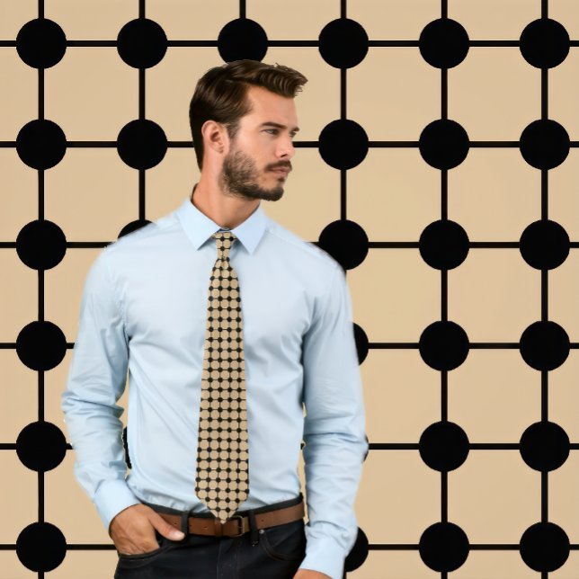 Svart på Tan Dots och Grid Necktie Slips (Man wears a necktie with a black grid pattern on tan.
)