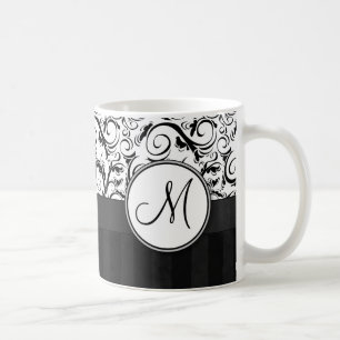 Svart på testar, randar & Monogram för vit blom- Kaffemugg