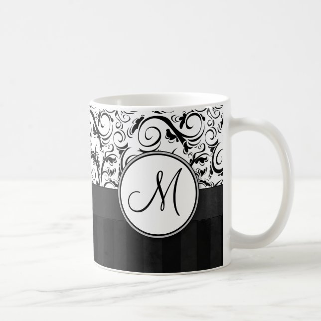 Svart på testar, randar & Monogram för vit blom- Kaffemugg (Höger)