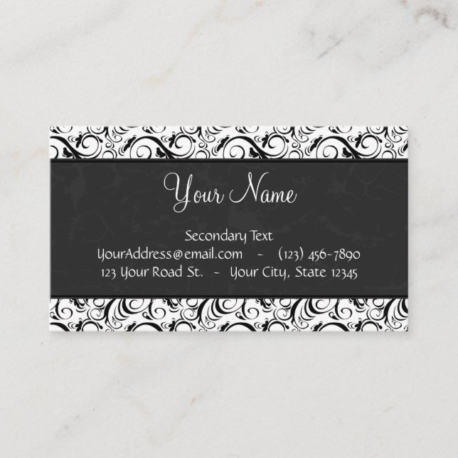 Svart på testar, randar & Monogram för vit blom- Visitkort (Framsida)