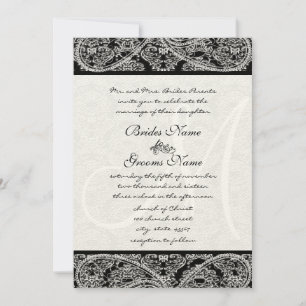 Svart Paisley Monogram Damast Bröllopsinbjudan Inbjudningar