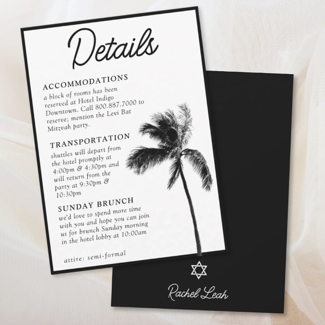 Svart Palmträd Bat Mitzvah Detaljer Inneslutningsk Inbjudningar (Black Palm Tree Bat Mitzvah Details Enclosure Card
)