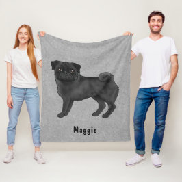 Svart pälsfärgad Pug hund med anpassat namn Grå Fleecefilt