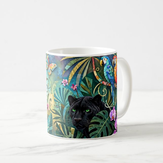 Svart panter Afrika Glatt collage stil djungel Kaffemugg (Framsida höger)
