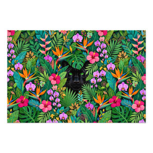 Svart panter djungelblommor & tropisk lövverk fototryck